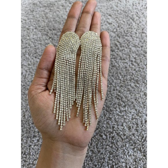 Large clear earrings fringe gold tone  bridal  big , oversized crystal earrings - Picture 2 of 9